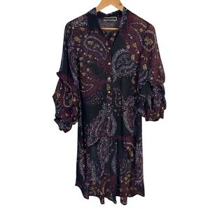 Melanie Lyne Puff Sleeve Blouse 4 Dark Paisley Floral Longline Button Up Shirt